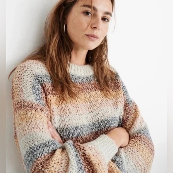 Madewell Baez Pullover Sweater Neutral Stripes open knit M - Picture 2 of 10